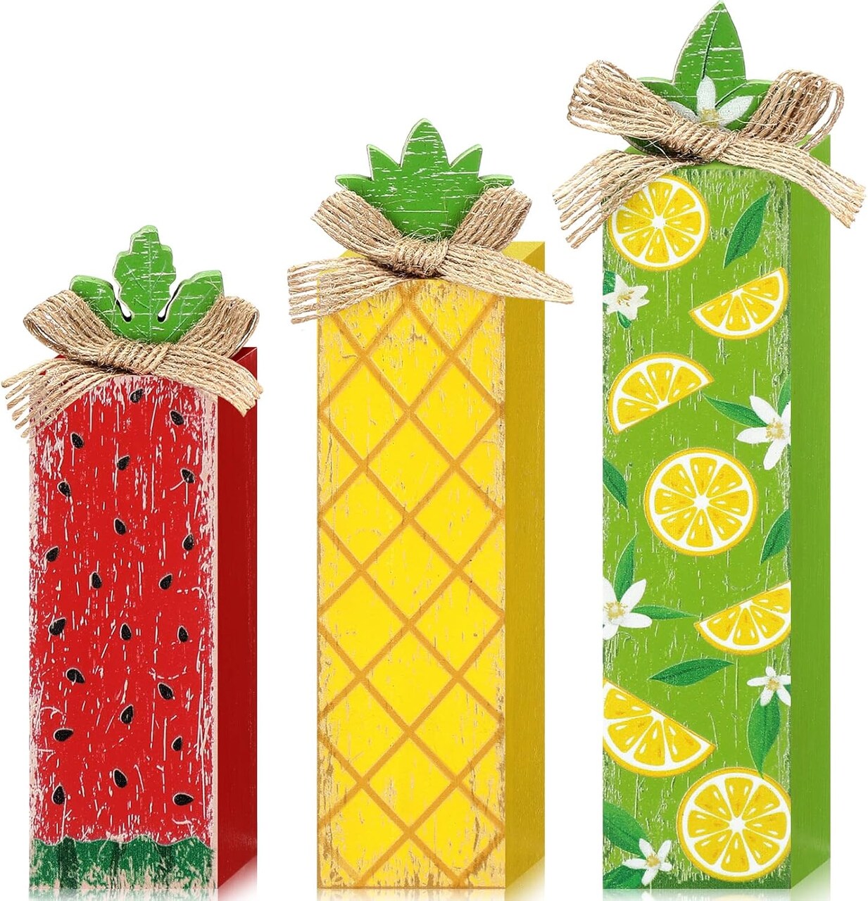 3 Pcs Summer Wood Table Block Sign Lemon Tabletop Decor Watermelon Wooden Tabletop Centerpiece Rustic Farmhouse Wooden Pineapple Decorations for Summer Home Kitchen Party Table Shelf